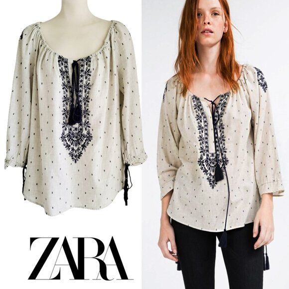 ZARA Boho Embroidered Peasant Top Unbleached Cotton with Navy Blue Stitching XL - Picture 1 of 16